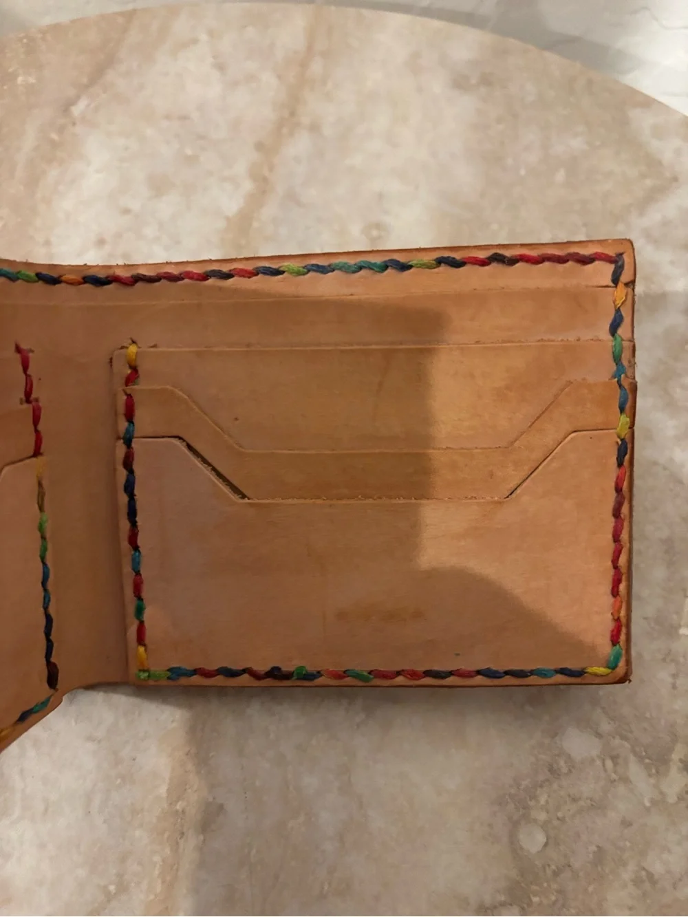 Bespoke Handcrafted Tan Leather Bifold Wallet with Rainbow Stitching